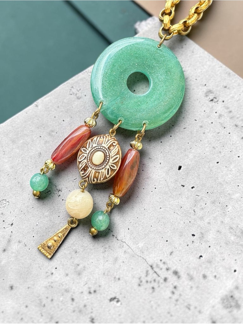 Green Donut Pendant Necklace with Amber and Cream Beads